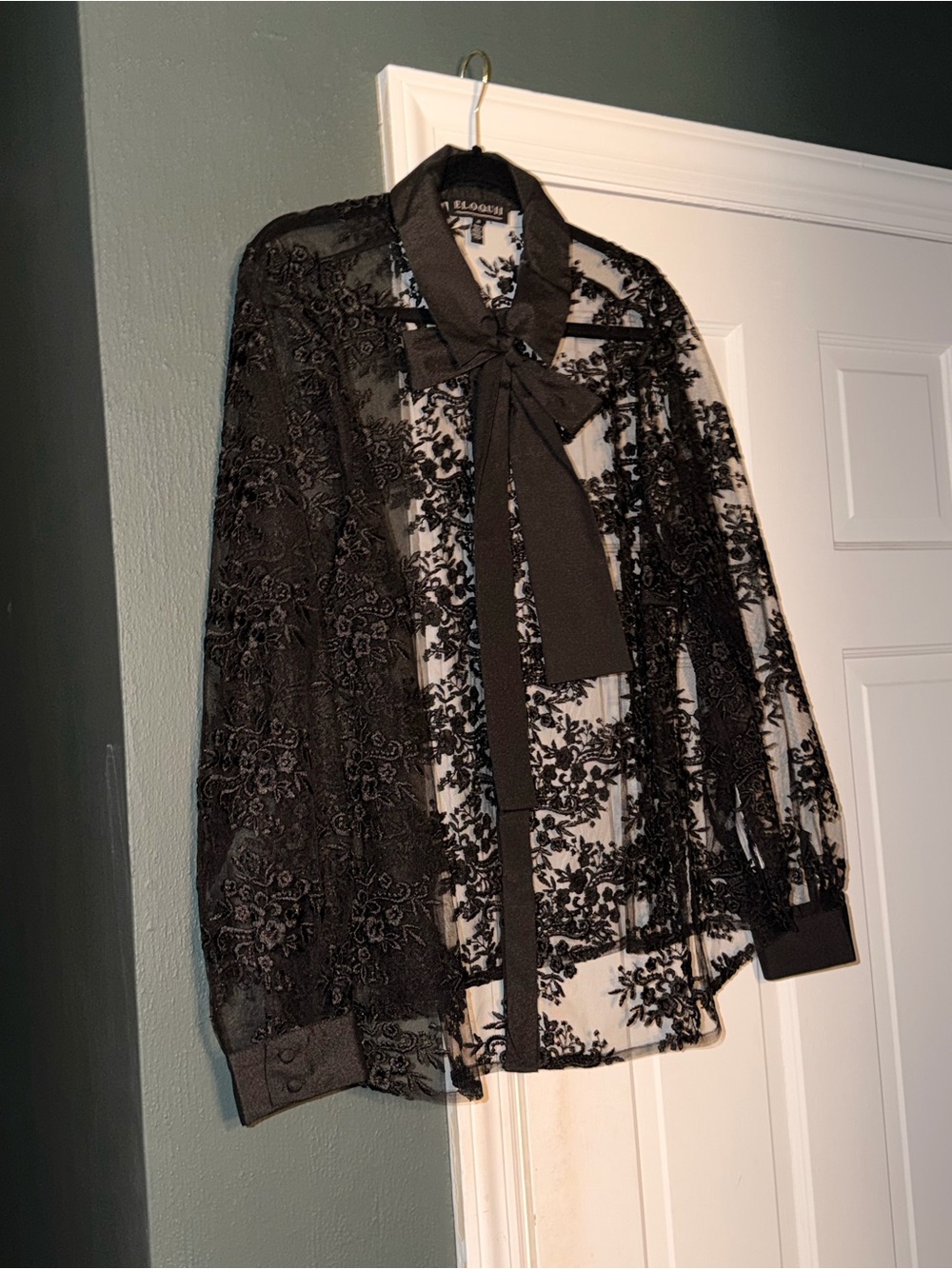 Eloquii Black Lace Bow-Tie Sheer Blouse -
